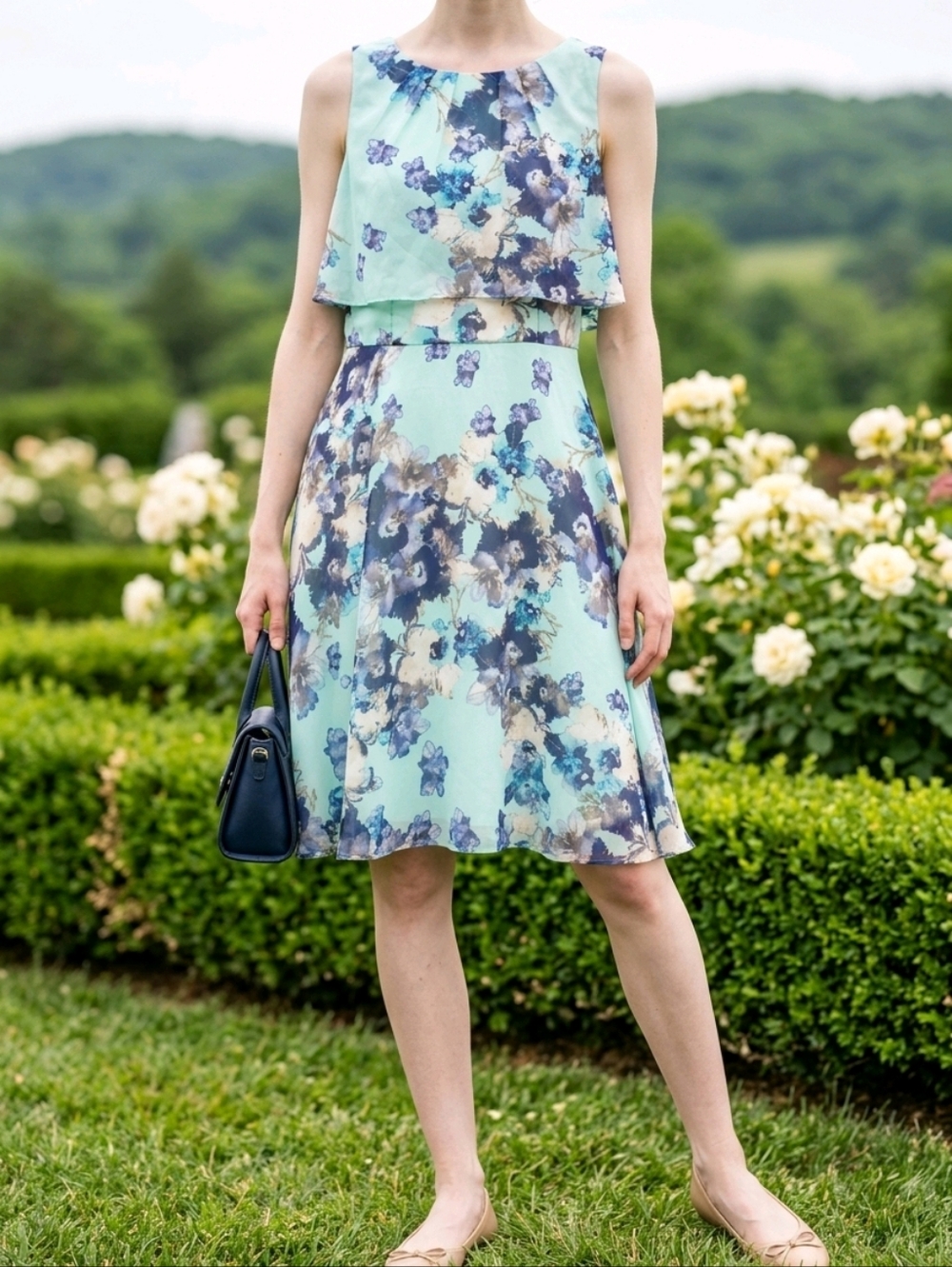 SLNY Mint Green Floral Overlay Dress